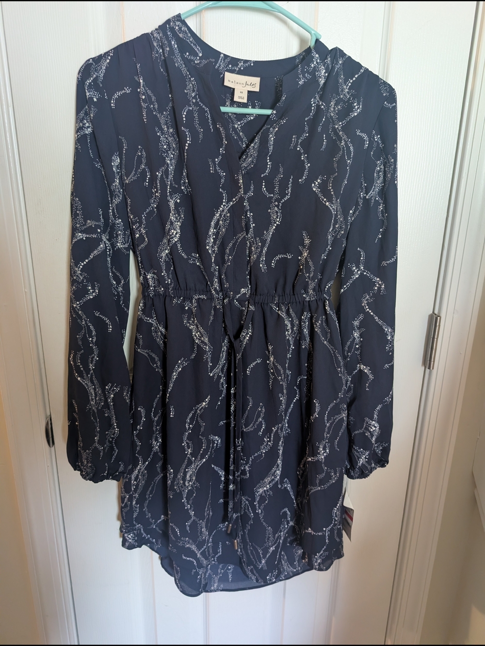 Maison Jules Navy Printed Long Sleeve XS Dress New With Tags